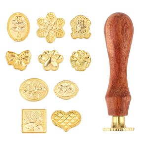 Wax Seal Stamp Set, Including 10 Styles Sealing Wax Stamp Heads and 1 Wooden Handle Gold Sealing Wax Stamp Kit for Envelopes Greeting Cards Gifts Decoration (Style 1)