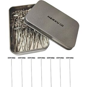 Stainless Steel Wig T-Pins for Knit & Lace Wet Blocking Modelling and Crafts，1-3/4 inch 100 Pieces with Tin Box，T-Pins for Office Wall