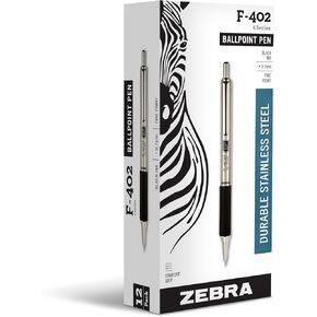Zebra F-402 Ballpoint Pen, Retractable, Fine 0.7 Mm, Black Ink, Stainless Steel/black Barrel