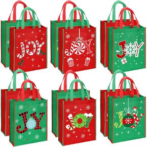 12 Pack Large Christmas Tote Bags with Handles 13.8'' x 11.8'' x 4.0'' Reusable Non Woven Christmas JOY Gift Bags Shopping Totes for Christmas Surprise Wrapping Shopping Xmas Party Supplies