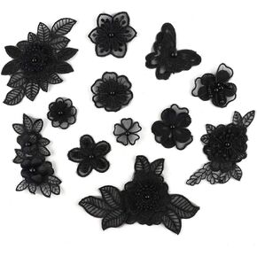 Black 3D Floral Embroidery Applique Beaded Pearl Tulle DIY Wedding Dress Sewing Clothing Applique Lace Costumes Decoration Patch 1Set/12Pieces