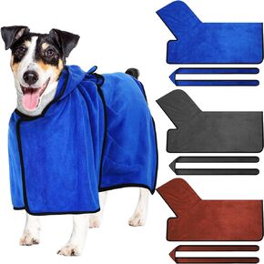 Geyoga 3 Pcs Large Dog Bathrobe Microfiber Dog Drying Towel with Hood Soft Absorbent Dog Robe Hooded Dog Bath Towel Adjustable Dog Bath Robe for Drying Dogs Cold Weather, Blue, Grey, Brown