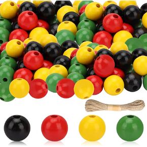 Lucleag 160Pcs Black History Month Juneteenth Craft Wooden Beads, Black Red Green Yellow Wooden Beads DIY Crafts, Wood Beads Ornaments with Hemp Rope for Black History Month Juneteenth Party Supplies
