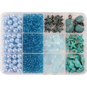 Assorted Beads for Jewelry Making DIY Crafts Bracelet Making Kit with Natural Shells, White Color Turquoise Turtles Starfish Beads for Summer Beach Bracelet Necklace for Women(1000pcs 8 Styles)