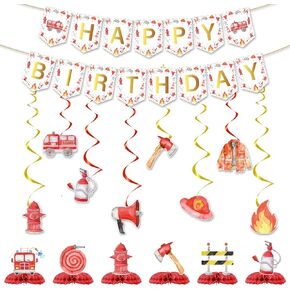 Fire Truck Birthday Party Decorations - Firefighter Hanging Banner with Hanging Swirl Centerpieces Firefighter Firetruck Birthday Decorations Fireman Theme Party Supplies