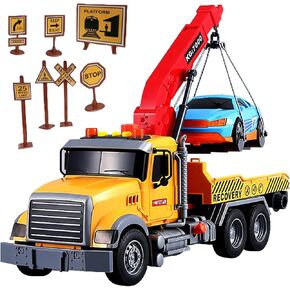 IYEAM 15" Tow Truck Toy with Hooks and Car for Kids Boys Girls Friction Powered Truck Toy with Sound and Lights
