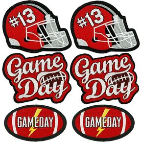 6 Pcs Game Day Patch, Football Helmet Game Day Iron on Patches, Embroidered Aesthetic Sew on Appliques for Clothes Backpacks Jeans Jackets Hats Bag Decor(White Red)