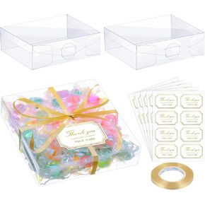 35 Pcs Clear Favor Boxes Transparent Rectangle PVC Plastic Boxes 40 Pcs Thank You Label Stickers and 1 Roll Gold Ribbon for Wedding Candy Chocolate Birthday (4 x 4 x 1.2 Inch)