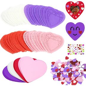 Hifunwu Valentines Day Crafts with 100 Heart Doilies, 20 Foam Hearts, 2 Bag Foam Heart Stickers and 1 Sheet Rhinestone Sticker Valentine Crafts Gift for Valentines Day Decorations and Party Supplies