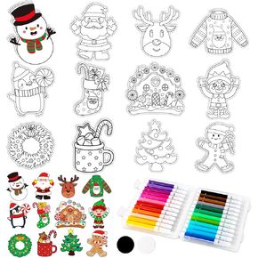JarThenaAMCS 48 Sets Christmas Crafts for Kids Color Your Own Santa Snowman Gingerbread Magnet Craft Kit DIY Christmas Coloring Arts Magnet Ornaments for Party Classroom Supplies
