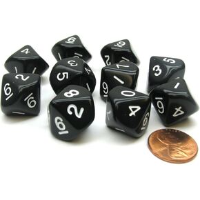 Koplow Games 10 Piece Set of 10-Sided D10 Polyhedral Dice - Black with White Numbers