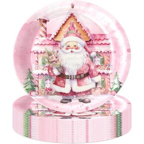 24Pcs 9" Christmas Paper Plates Pink Santa Claus Plates Christmas Santa Claus Paper Plates Disposable Dessert Set for Pink Christmas Theme Paper Plates Birthday Holiday Festival Party Supplies