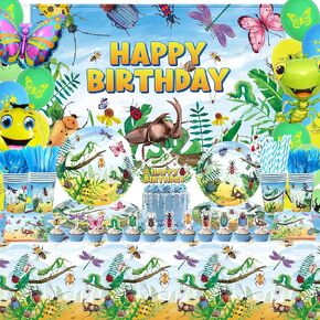 Bugs Birthday Party Decorations - Insect Party Supplies, Plates Cups Napkins Tablecloth Cutlery Happy Birthday Backdrop Balloon Cake Toppers for Class Office Garden Reptile Baby Shower
