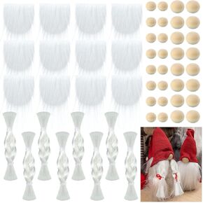 32 Pieces Christmas White Gnome Beards Wood Beads Set Faux Fur Gnome Braid Costume White Beard Wooden Round Beads Ball for DIY Crafts