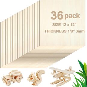5 | 24 | 36 Pack Basswood Sheets 12 x 12 x 1/8 Inch Plywood Board Unfinished Wood, Basswood Craft Wood Board Perfect for DIY Crafts,for Laser Cutting Painting, Model Carving (5 Pack)