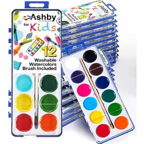 Ashby for Kids - 24 Pack of Watercolor Paint Sets - 12 Fun & Vibrant Colors Per Paint Tray - Washable - Nontoxic - Each Set Includes a Quality Wooden Brush.