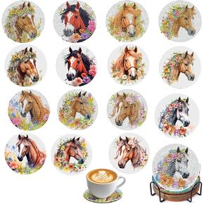 8Pcs Horse Diamond Art Painting Coasters Kit with Holder Western Cowboy Diamond Art Gem Mosaics Rhinestone Painting Coasters for Adults DIY Handmade Arts and Crafts Gifts Home Decoration Supplies