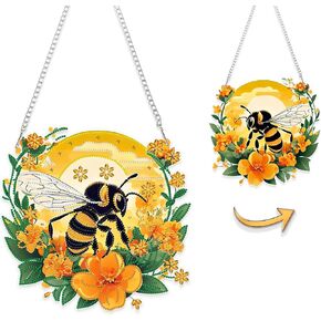 Eiflow Diamond Art Hanging Ornament Kit Honey Bee, 9.5x9.6inch Double Sided Diamonds Painting Pendant Kit, DIY Gem Painting Acrylic Board Kit for Adults, Box Package