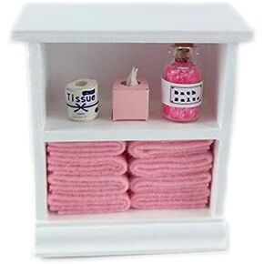 Dolls House Miniature Furniture Small Shelf Unit & Pink Bathroom Accessories