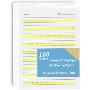 Write Beginner Paper Level 1 Paper Writing Paper with Lines and Yellow Highlighted Practice Writing Paper for Kids Proper Letter Positioning, 100gsm Paper, 11 x 8.5'', 100 Sheets