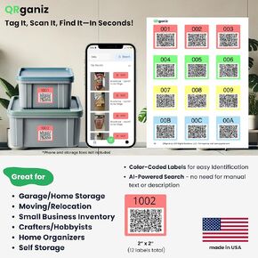 QRganiz - Color-Coded QR Code Stickers with Smart App for Easy Oranization & AI powed Search | 12 Unique Scannable Labels for Effortless Item Tracking