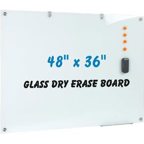Glass Whiteboard 48" x 36", Magnetic White Board Glass Dry Erase Board, 4' x 3' Frameless Glass Board for Wall