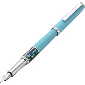 Xezo Speed Master Fountain Pen, Fine Nib. Matte Sky Blue with Pāua Abalone Sea Shell. Chrome Plated. Lightweight Brass Body. No Two Alike. Etched With a Serial Number