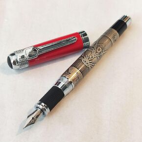 Masonic Symbols Engraved Heavy Weight Silver Metal Fountain Pen, Gift Box (Black, Black)