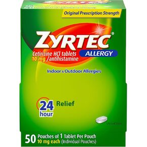 Zyrtec 24 Hour Allergy Relief Tablets, Individually Wrapped Indoor and Outdoor Allergy Medicine with 10 mg Cetirizine HCl per Antihistamine Tablet, 1 Tablet Per Pack, 50 ct Dispensit Pack