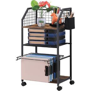 3 Tier Rolling File Cart with Hanging File Folders,Desk Organizer,File Organizer for Desk,Mobile File Cabinet on Lockable Wheels,Under Desk Storage for Home Office School(Metal,Brown