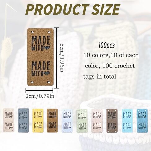 100pcs Faux Leather Handmade Tags for Crochet Items, 10 Colors Double-Sided Folding Sewing Hand Made Tags Personalized Labels for Hat Bags Jeans Crocheting Knitting, Made with Love in Saudi Arabia