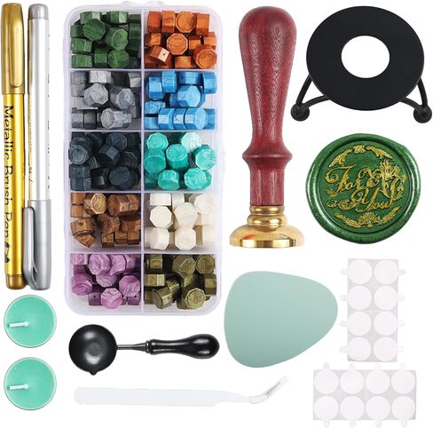 Wax Seal Stamp Kit - Rosewood Handle, Stainless Steel Stove, 10-Color Wax Beads, Non-Slip Silicone Mat, Copper Head, Stainless Steel Spoon, Tweezers, Candles, Paint Pen, and Stickers (M3) in Saudi Arabia