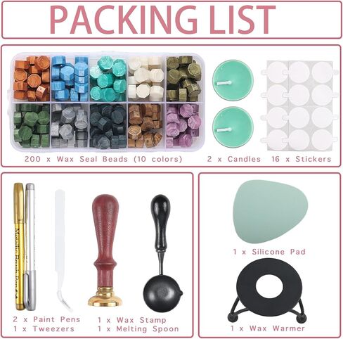 Wax Seal Stamp Kit - Rosewood Handle, Stainless Steel Stove, 10-Color Wax Beads, Non-Slip Silicone Mat, Copper Head, Stainless Steel Spoon, Tweezers, Candles, Paint Pen, and Stickers (M3) in Saudi Arabia