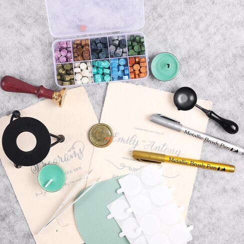 Wax Seal Stamp Kit - Rosewood Handle, Stainless Steel Stove, 10-Color Wax Beads, Non-Slip Silicone Mat, Copper Head, Stainless Steel Spoon, Tweezers, Candles, Paint Pen, and Stickers (M3) in Saudi Arabia