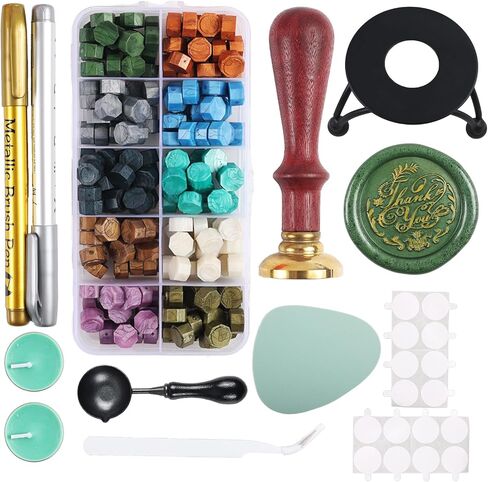 Wax Seal Stamp Kit - Rosewood Handle, Stainless Steel Stove, 10-Color Wax Beads, Non-Slip Silicone Mat, Copper Head, Stainless Steel Spoon, Tweezers, Candles, Paint Pen, and Stickers (M3) in Saudi Arabia