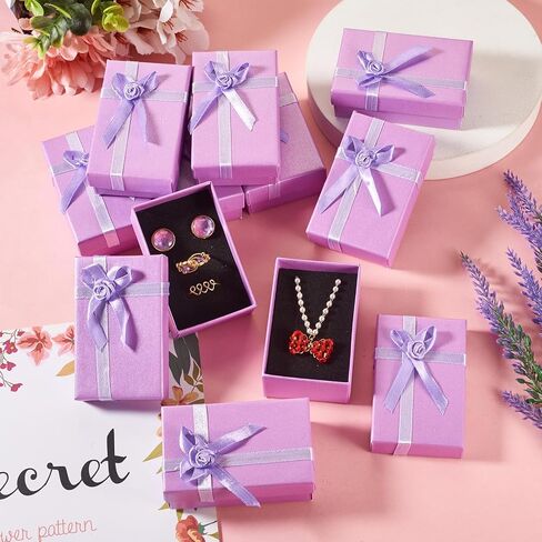 Craftdady 12 Pack Lilac Jewelry Boxes 1.99 x 3.15 Inch Rectangle Cardboard Boxes Small Necklace Earring Finger Ring Packing Boxes with Rose Bowknot for Festival Birthday Present Jewelry Display in Saudi Arabia