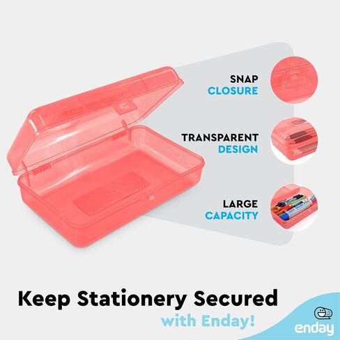 Enday Plastic Pencil Box with Snap Closure Lids Red, Small Utility Storage Crayon School and Office Supplies Case Organizer, Also Available in Glitter Pink, Purple, Blue, Green and Grey, 1 Pc in Kuwait