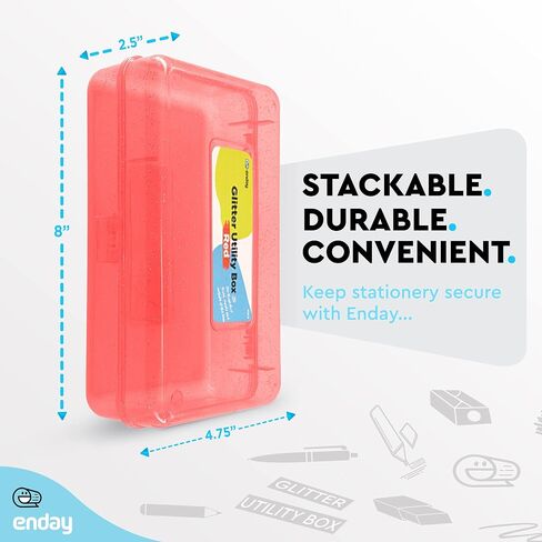 Enday Plastic Pencil Box with Snap Closure Lids Red, Small Utility Storage Crayon School and Office Supplies Case Organizer, Also Available in Glitter Pink, Purple, Blue, Green and Grey, 1 Pc in Kuwait