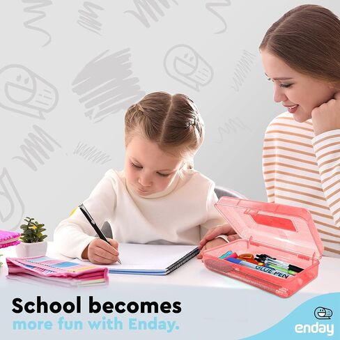 Enday Plastic Pencil Box with Snap Closure Lids Red, Small Utility Storage Crayon School and Office Supplies Case Organizer, Also Available in Glitter Pink, Purple, Blue, Green and Grey, 1 Pc in Kuwait