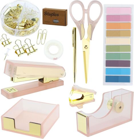 MultiBey Pink Gold Acrylic Sticky Notes Holder Stapler and Tape Dispenser Cutter with Sticky Notes, 950 Staples & Tape, Staple Remover, Scissor, Ballpoint Pen, Paper Clips Set for Women Office Home in Kuwait