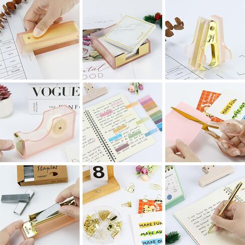 MultiBey Pink Gold Acrylic Sticky Notes Holder Stapler and Tape Dispenser Cutter with Sticky Notes, 950 Staples & Tape, Staple Remover, Scissor, Ballpoint Pen, Paper Clips Set for Women Office Home in Kuwait