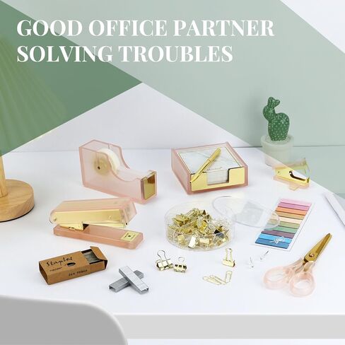 MultiBey Pink Gold Acrylic Sticky Notes Holder Stapler and Tape Dispenser Cutter with Sticky Notes, 950 Staples & Tape, Staple Remover, Scissor, Ballpoint Pen, Paper Clips Set for Women Office Home in Kuwait