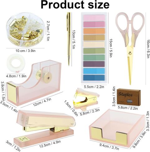 MultiBey Pink Gold Acrylic Sticky Notes Holder Stapler and Tape Dispenser Cutter with Sticky Notes, 950 Staples & Tape, Staple Remover, Scissor, Ballpoint Pen, Paper Clips Set for Women Office Home in Kuwait