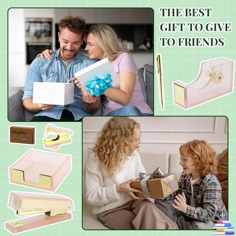 MultiBey Pink Gold Acrylic Sticky Notes Holder Stapler and Tape Dispenser Cutter with Sticky Notes, 950 Staples & Tape, Staple Remover, Scissor, Ballpoint Pen, Paper Clips Set for Women Office Home in Kuwait