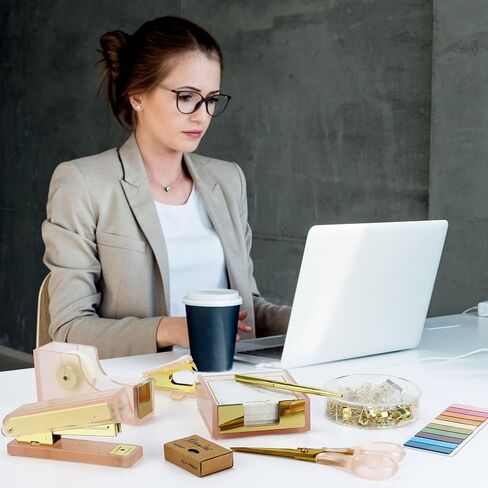 MultiBey Pink Gold Acrylic Sticky Notes Holder Stapler and Tape Dispenser Cutter with Sticky Notes, 950 Staples & Tape, Staple Remover, Scissor, Ballpoint Pen, Paper Clips Set for Women Office Home in Kuwait