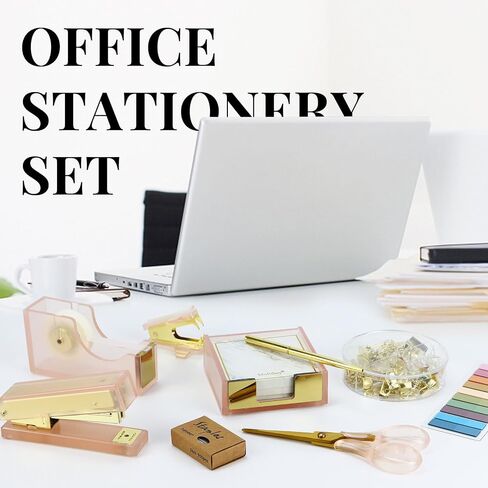 MultiBey Pink Gold Acrylic Sticky Notes Holder Stapler and Tape Dispenser Cutter with Sticky Notes, 950 Staples & Tape, Staple Remover, Scissor, Ballpoint Pen, Paper Clips Set for Women Office Home in Kuwait