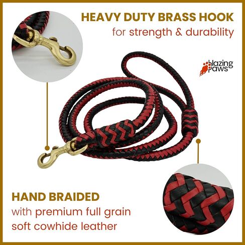 BlazingPaws® Elegania 6 Ft Premium Leather Dog Leash for Large Dogs, Luxury Braided Show Leash, Top Grain Leather Lead (Red/Black, 6 Ft) in Kuwait