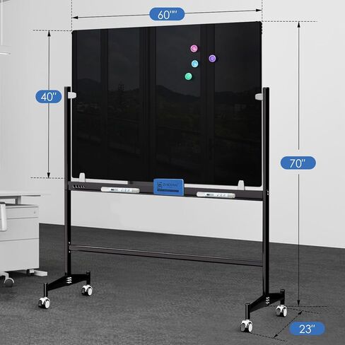 Rolling Magnetic Black Glass Whiteboard on Wheels 60x40 - Height Adjustable Mobile Dry Erase Board with Stand, ZHIDIAN Large Movable Tempered Glass Board Portable Blackboard Easel in Kuwait
