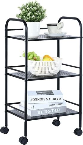 VEVOR 3-Tier Metal Rolling Cart, Heavy Duty Utility Cart with Lockable Wheels, Multi-Functional Storage Trolley with Handle for Office, Living Room, Kitchen, Movable Storage Organizer Shelves, Black in Saudi Arabia