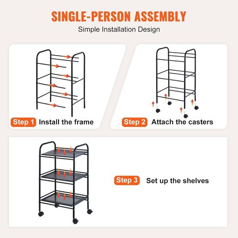 VEVOR 3-Tier Metal Rolling Cart, Heavy Duty Utility Cart with Lockable Wheels, Multi-Functional Storage Trolley with Handle for Office, Living Room, Kitchen, Movable Storage Organizer Shelves, Black in Saudi Arabia